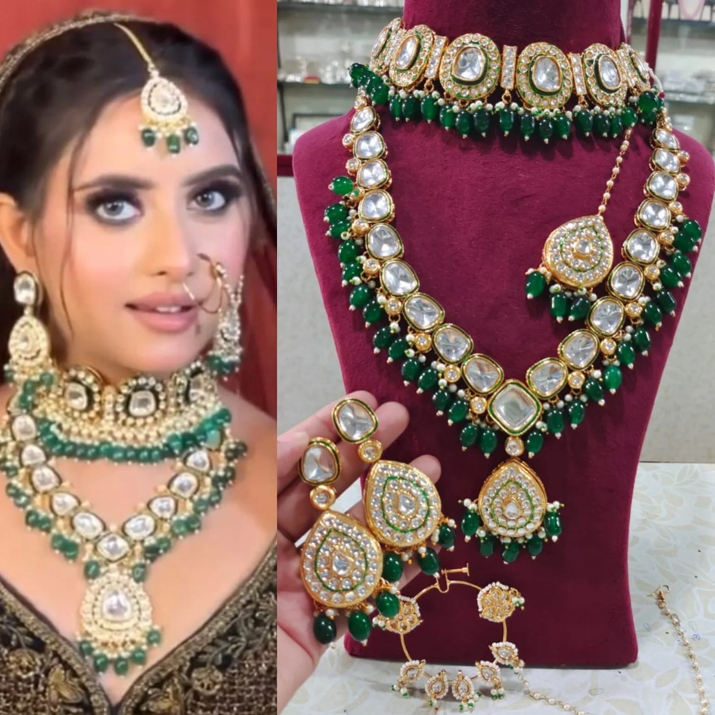 Real Neck Green Color Bridal Jewellery Combo Set